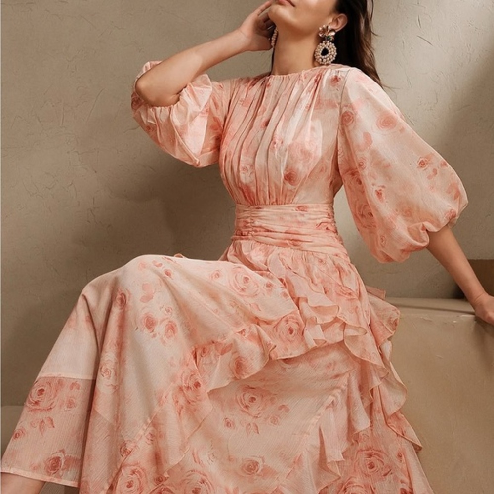 ANEWSTA Floral Long Puff Sleeve Round Neck Dress With Ruffles Size Small